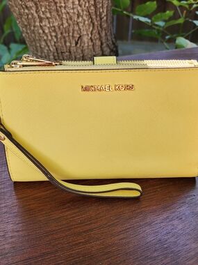 Michael Kors Yellow Saffiano Leather Jet Set Double Zip Wallet Wristlet